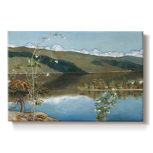 Canvas art print portraying a dramatic landscape with dark thunderclouds forming over distant water and hills, set against a white background