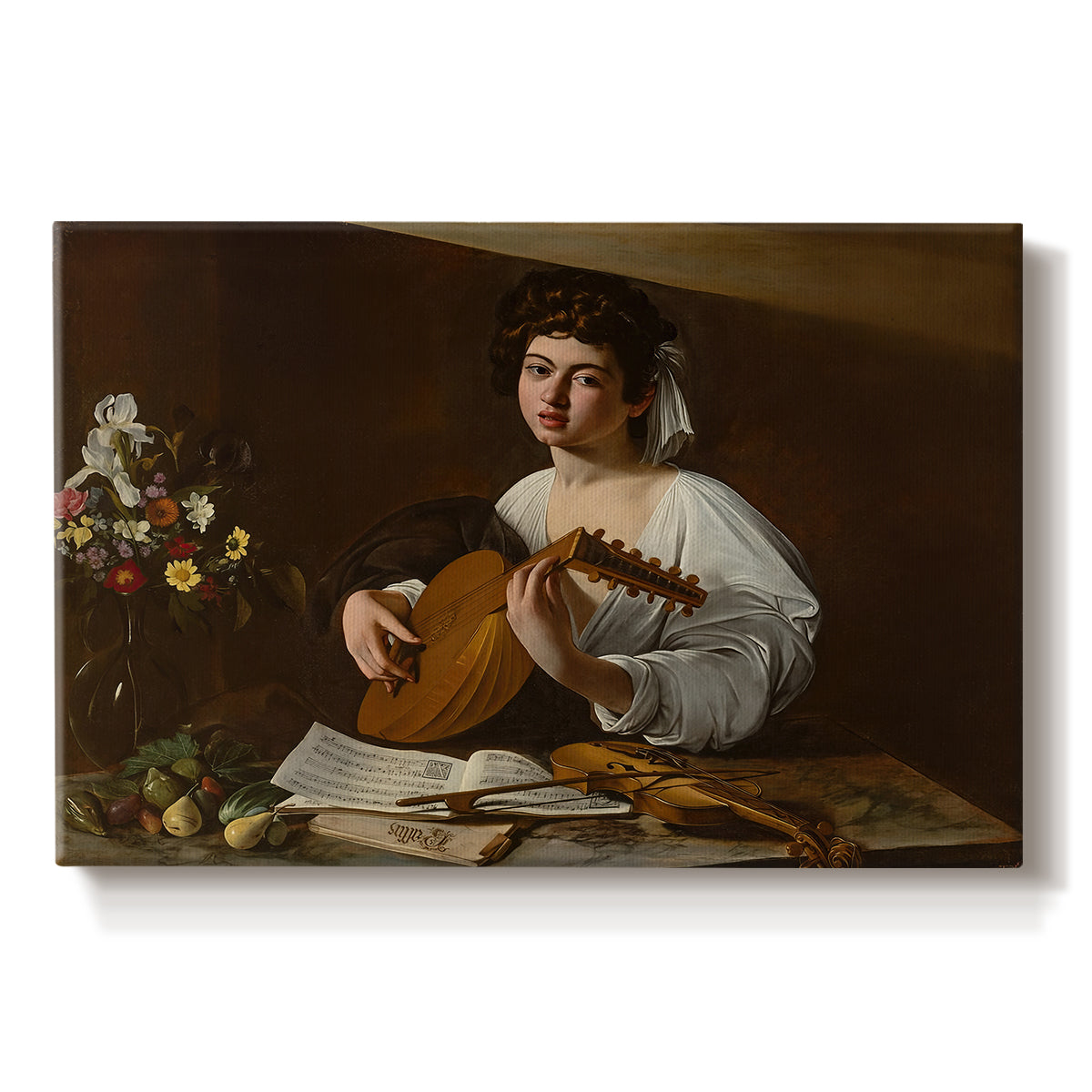 Canvas art print portraying a young musician playing lute beside table with fruit and sheet music, set against a white background