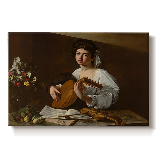 Canvas art print portraying a young musician playing lute beside table with fruit and sheet music, set against a white background