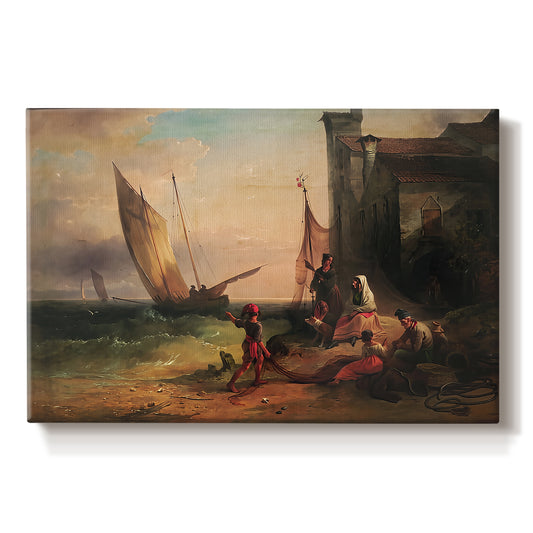 Canvas art print portraying a family gathered near boats and water, set against a white background