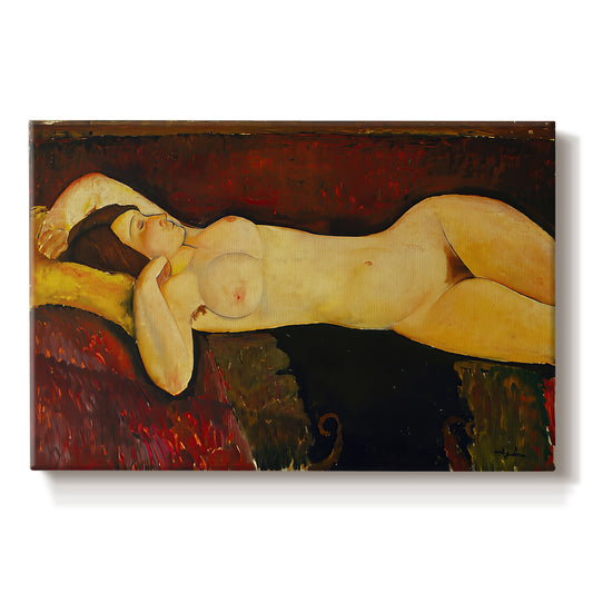 Canvas art print portraying a reclining nude woman with head turned and elongated body on draped surface, set against a white background