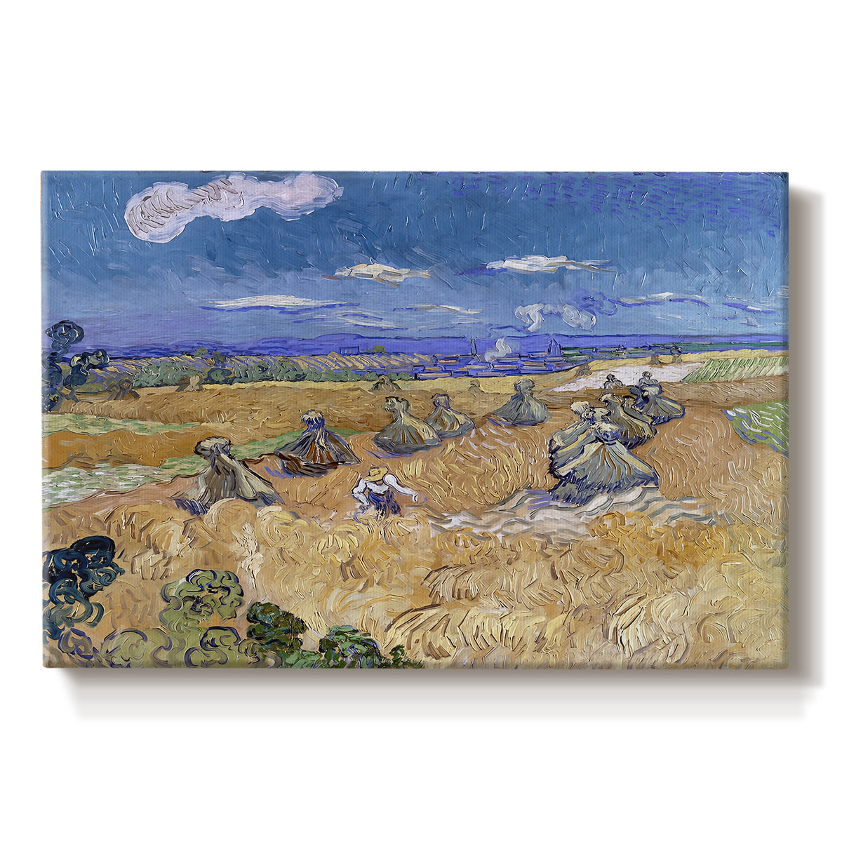 Canvas art print portraying a figure harvesting wheat in expansive field under bright sky, set against a white background