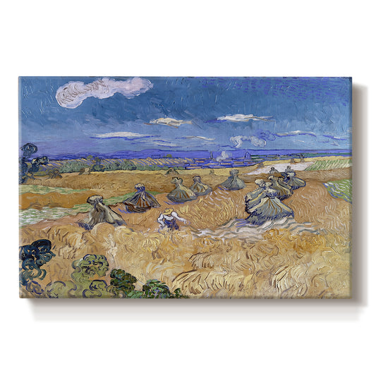 Canvas art print portraying a figure harvesting wheat in expansive field under bright sky, set against a white background