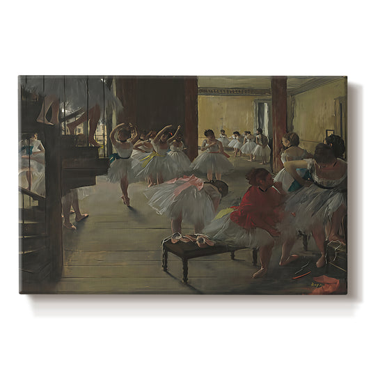 Canvas art print portraying ballerinas practicing in studio with instructor observing nearby, set against a white background