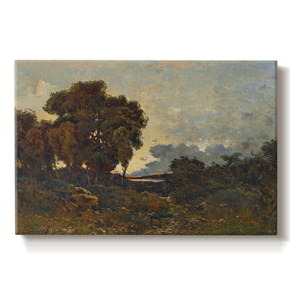 Canvas art print portraying a warm sunset over river landscape with glowing sky and reflections, set against a white background