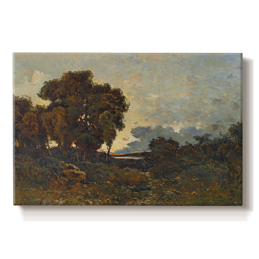 Canvas art print portraying a warm sunset over river landscape with glowing sky and reflections, set against a white background