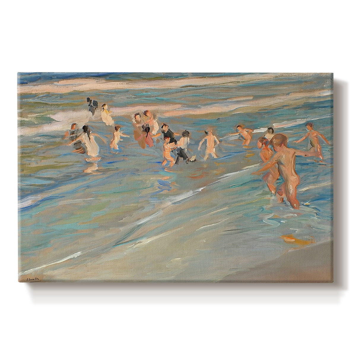 Canvas art print portraying children playing along shoreline with waves and wet sand, set against a white background