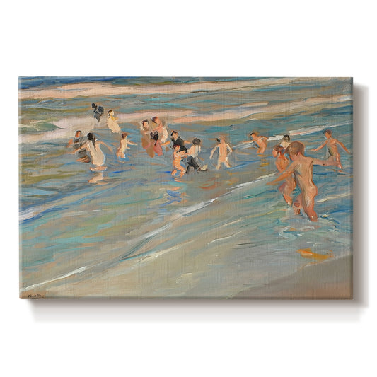 Canvas art print portraying children playing along shoreline with waves and wet sand, set against a white background