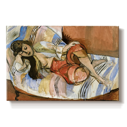 Canvas art print portraying a reclining woman resting on patterned textiles in a decorative interior, set against a white background