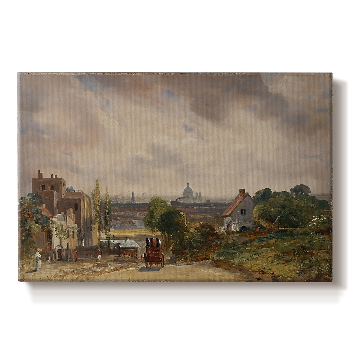 Canvas art print portraying a small cottage among trees in rural setting, set against a white background