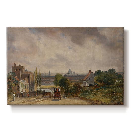 Canvas art print portraying a small cottage among trees in rural setting, set against a white background
