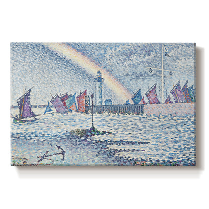 Canvas art print portraying boats entering harbor with buildings, set against a white background