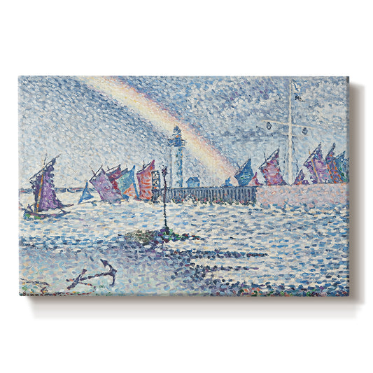 Canvas art print portraying boats entering harbor with buildings, set against a white background