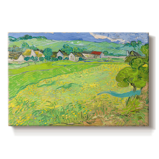 Canvas art print portraying a rolling hillside landscape with houses and fields under wide sky, set against a white background