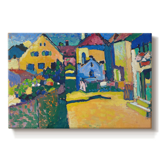 Canvas art print portraying a village street with colorful houses and trees lining a narrow road, set against a white background