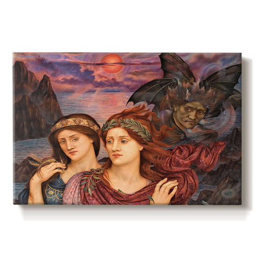 Canvas art print portraying two female figures gazing outward with vivid sky behind them, set against a white background