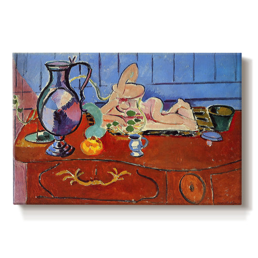 Canvas art print portraying a still life with pewter jug and pink statuette on a patterned table, set against a white background
