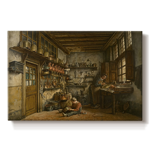 Canvas art print portraying a man working at table inside rustic interior filled with tools and objects, set against a white background