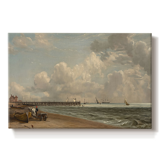 Canvas art print portraying a wooden jetty extending into sea with open horizon, set against a white background