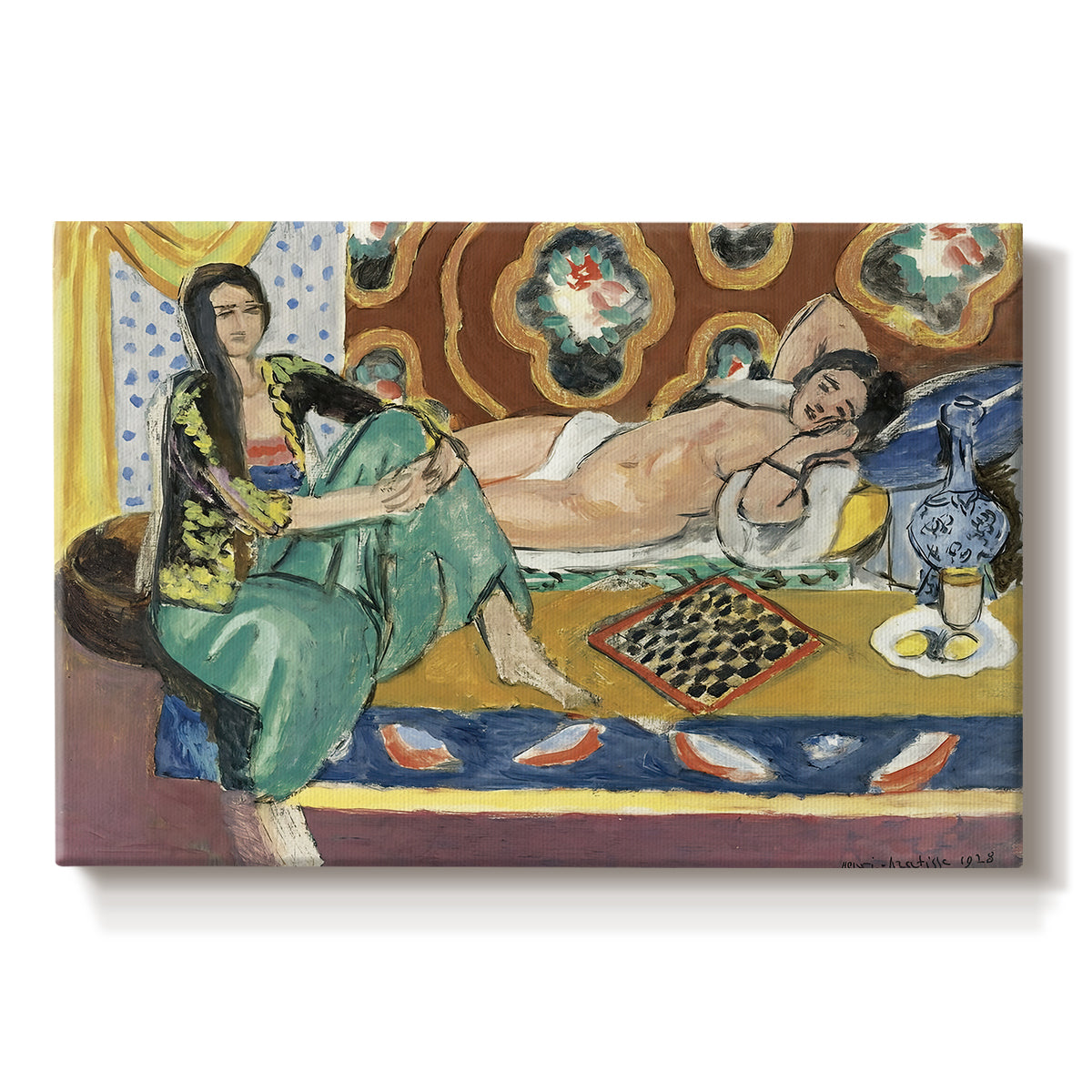 Canvas art print portraying two women seated indoors playing checkers in a colorful room, set against a white background