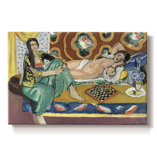 Canvas art print portraying two women seated indoors playing checkers in a colorful room, set against a white background