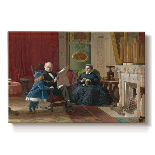 Canvas art print portraying a family seated together in interior room engaged in quiet activity, set against a white background