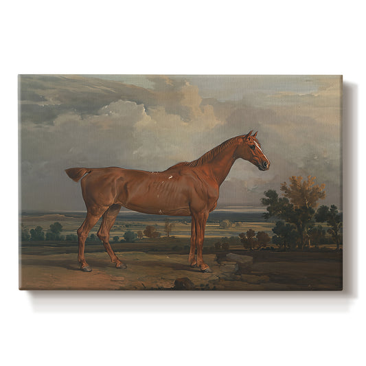 Canvas art print portraying a mounted hunter on horseback in open countryside landscape, set against a white background