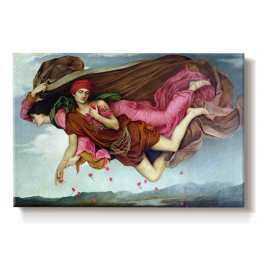 Canvas art print portraying two intertwined female figures floating through dark sky representing night and sleep, set against a white background