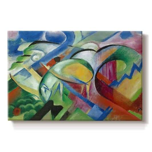 Canvas art print portraying abstracted sheep forms integrated into colorful geometric landscape, set against a white background