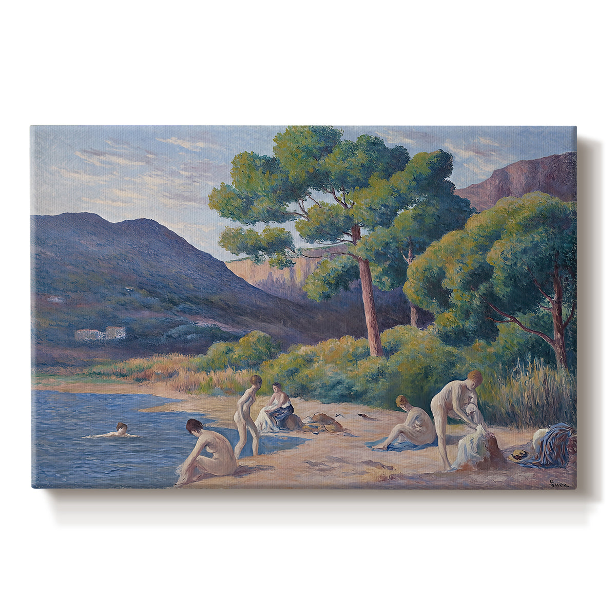 Canvas art print portraying figures bathing along shoreline in bright coastal landscape, set against a white background