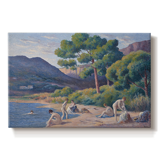 Canvas art print portraying figures bathing along shoreline in bright coastal landscape, set against a white background