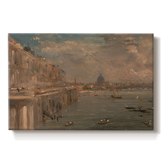 Canvas art print portraying a cityscape with riverside buildings and bridge, set against a white background