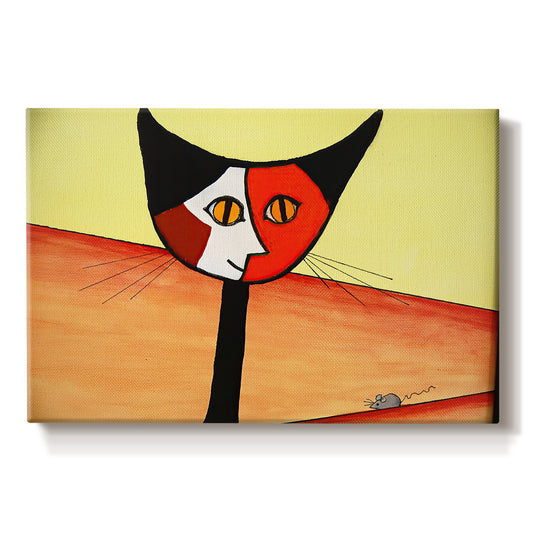Canvas art print portraying a stylized cat face composed of bold geometric shapes, set against a white background