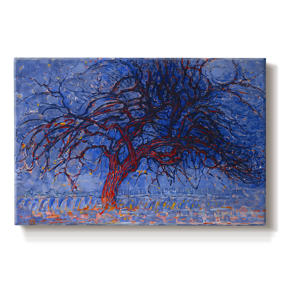 Canvas art print portraying a stylized red tree with branches against dark background, set against a white background