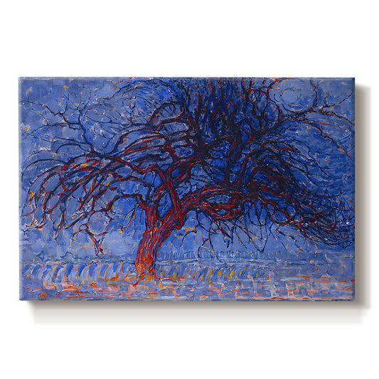 Canvas art print portraying a stylized red tree with branches against dark background, set against a white background