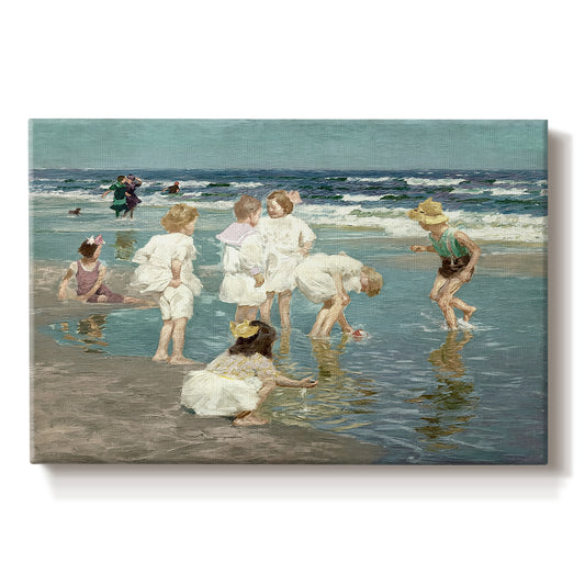 Canvas art print portraying people relaxing and wading in shallow ocean water along a sunny beach, set against a white background