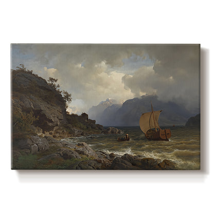 Canvas art print portraying a rugged Norwegian coastline with cliffs, water, and distant boats, set against a white background