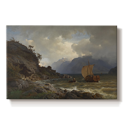 Canvas art print portraying a rugged Norwegian coastline with cliffs, water, and distant boats, set against a white background