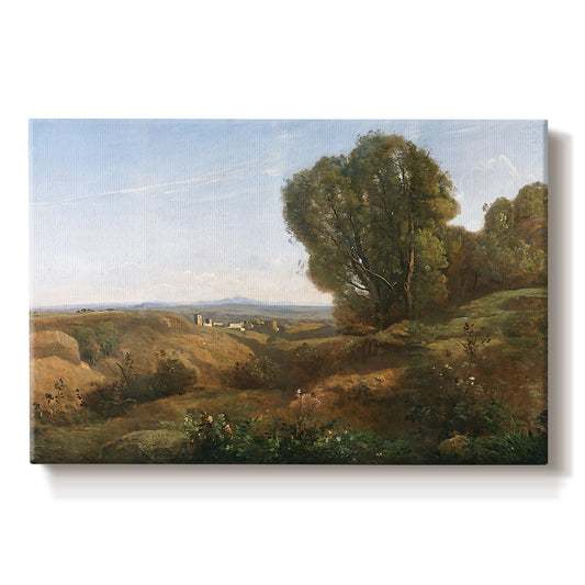Canvas art print portraying a peaceful landscape with trees and distant horizon under soft light, set against a white background