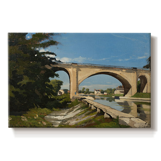 Canvas art print portraying an arched bridge spanning river with structure reflected in water, set against a white background