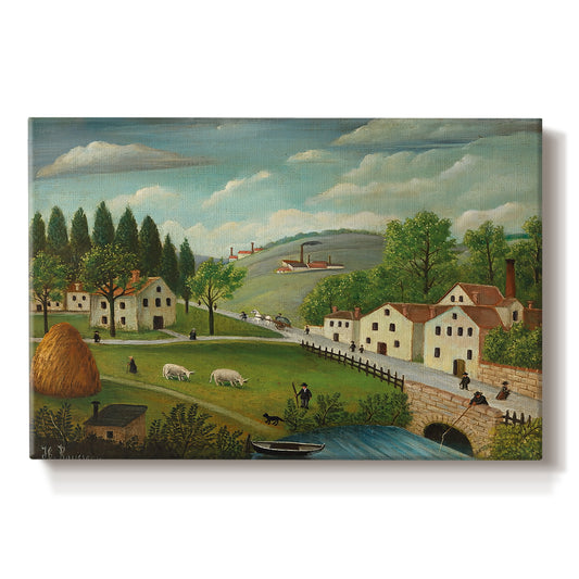 Canvas art print portraying a rural landscape with stream, walking figures, and fisherman near water, set against a white background