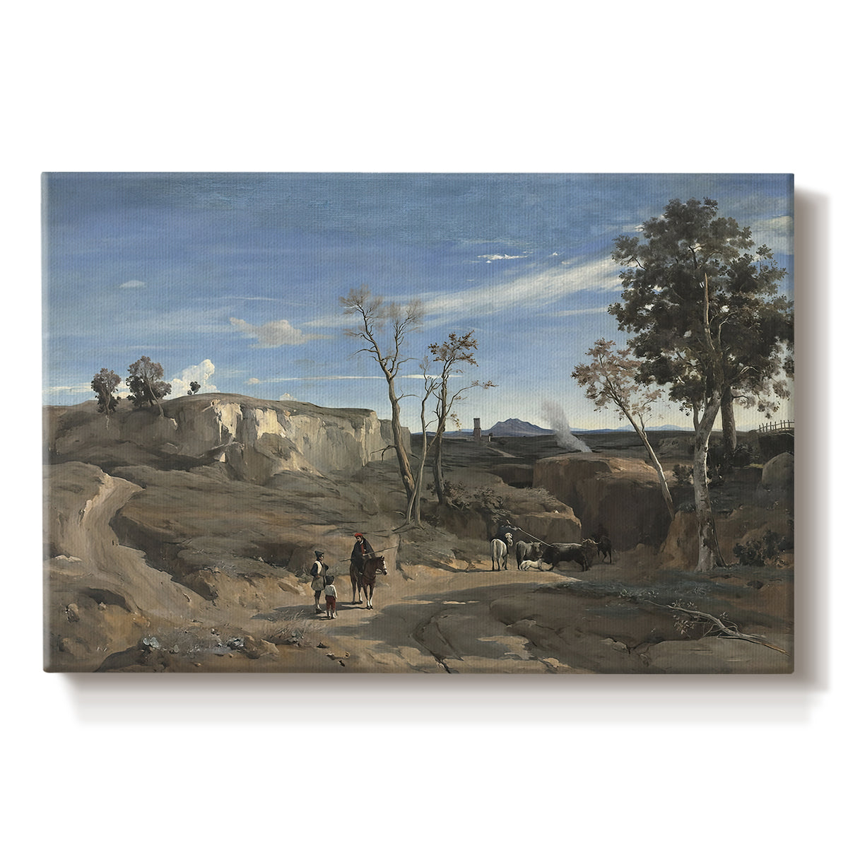 Canvas art print portraying an open landscape of Roman countryside with trees and distant terrain under soft sky, set against a white background