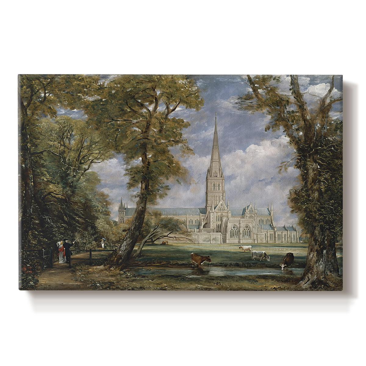 Canvas art print portraying a cathedral rising above landscape with trees, set against a white background