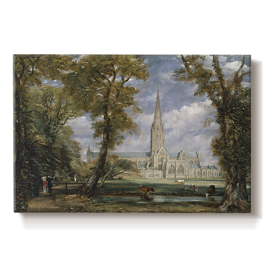 Canvas art print portraying a cathedral rising above landscape with trees, set against a white background