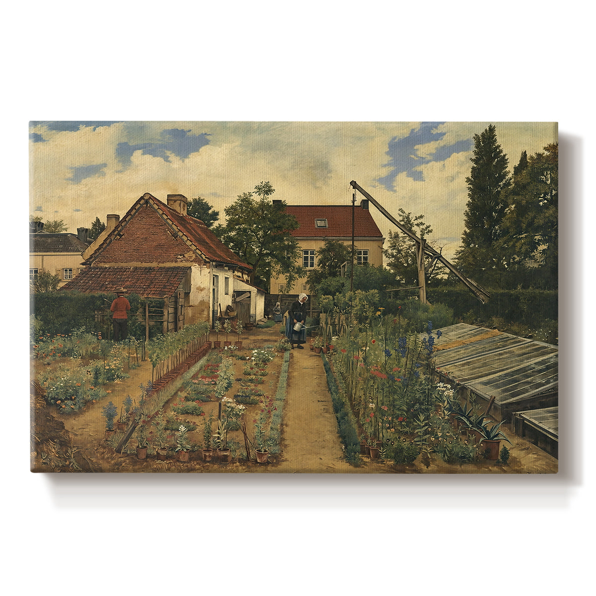 Canvas art print portraying a flower garden with plants and building in structured outdoor setting, set against a white background