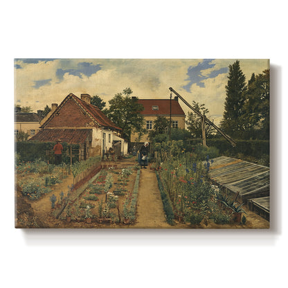 Canvas art print portraying a flower garden with plants and building in structured outdoor setting, set against a white background