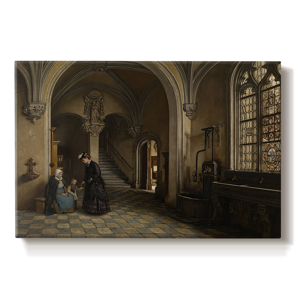 Canvas art print portraying a large church interior with arches, columns, and figures beneath vaulted ceiling, set against a white background