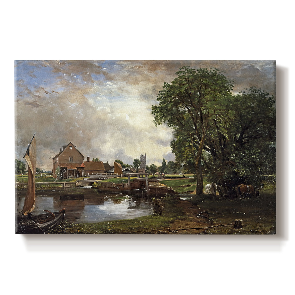 Canvas art print portraying a watermill and lock beside river with trees, set against a white background