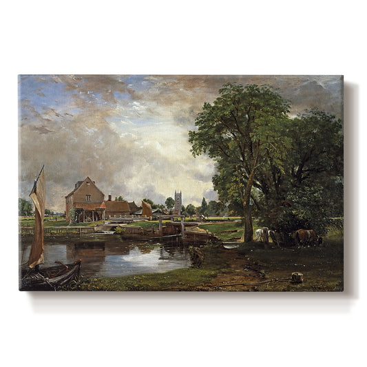 Canvas art print portraying a watermill and lock beside river with trees, set against a white background