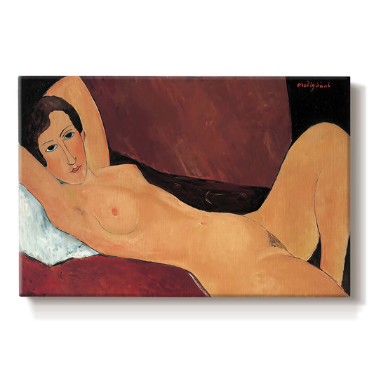 Canvas art print portraying a reclining nude woman stretched across a sofa with elongated form, set against a white background